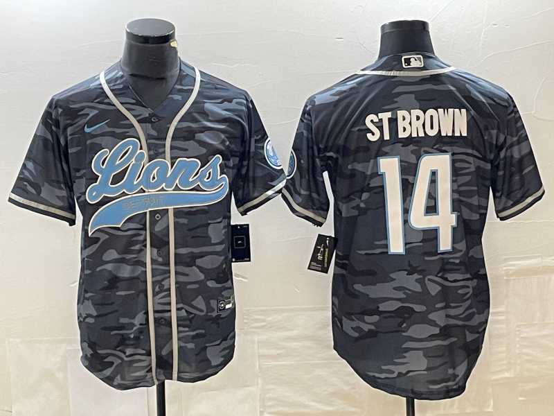 Mens Detroit Lions #14 Amon Ra St Brown Grey Camo With Patch Cool Base Baseball Limited Jersey